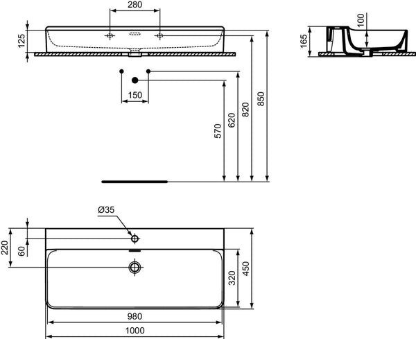 Lavabo 100x45 Rettangolare sospeso o appoggio con troppopieno bianco Conca T369301 Ideal Standard