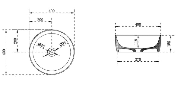 Lavabo 40 cm da appoggio Torino solid surface bianco opaco