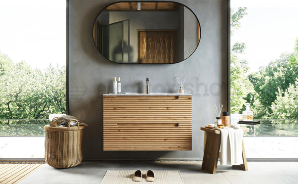 Mobile bagno rovere 80x45 Mango due cassetti soft close effetto legno con lavabo in ceramica lucida