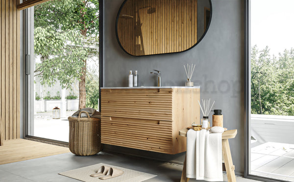 Mobile bagno rovere 80x45 Mango due cassetti soft close effetto legno con lavabo in ceramica lucida