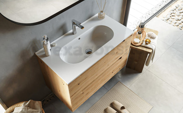 Mobile bagno rovere 80x45 Mango due cassetti soft close effetto legno con lavabo in ceramica lucida