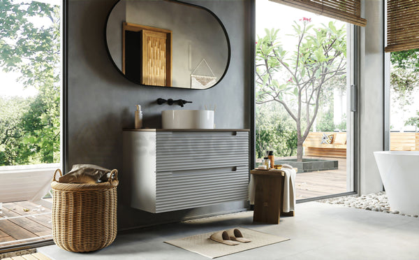 Mobile bagno clear grey 80x45 Mango top noce e lavabo da appoggio in ceramica lucida