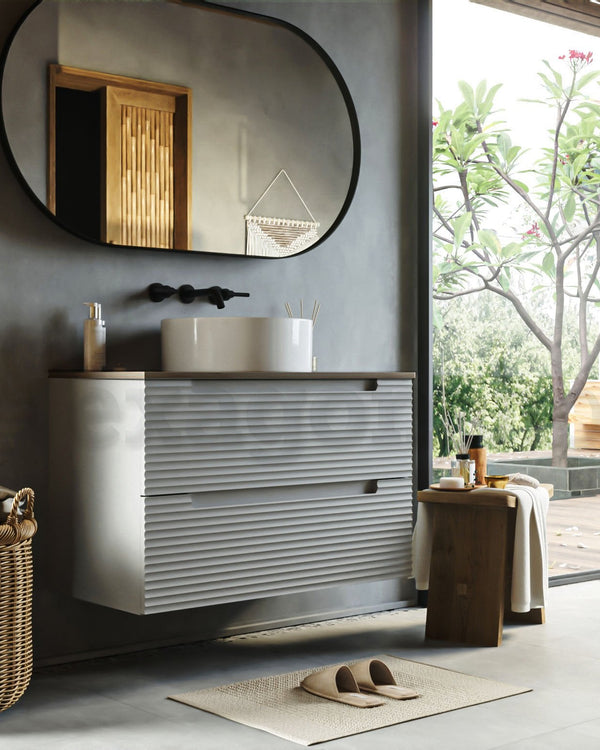 Mobile bagno clear grey 80x45 Mango top noce e lavabo da ambientato in bagno moderno con specchio e accessori - Exagonshop
