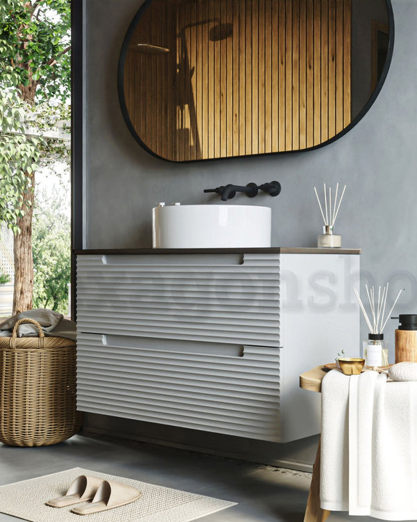 Mobile bagno clear grey 80x45 Mango top noce e lavabo da, dettaglio ravvicinato della finitura e del cassetto - Exagonshop