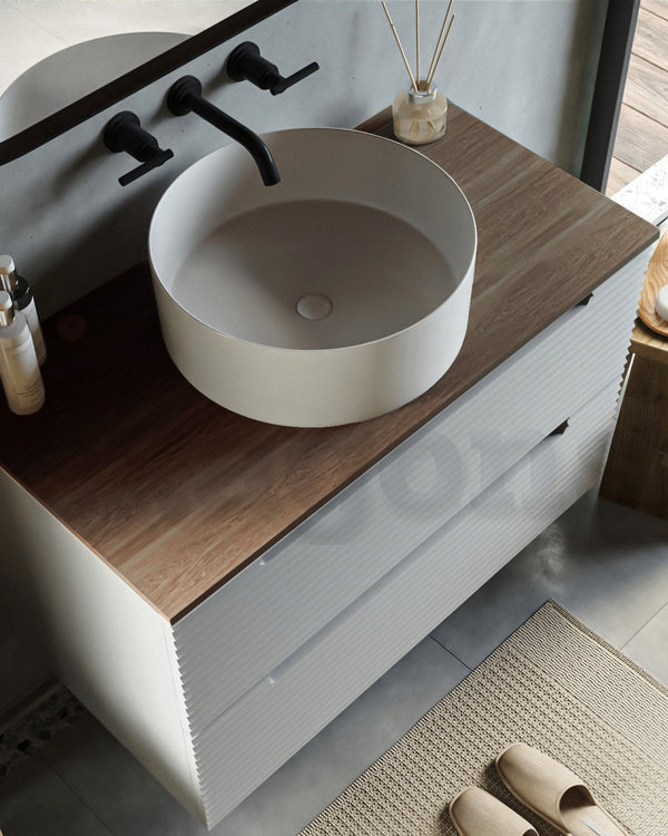 Mobile bagno clear grey 80x45 Mango top noce e lavabo da, vista dall'alto del piano con lavabo - Exagonshop