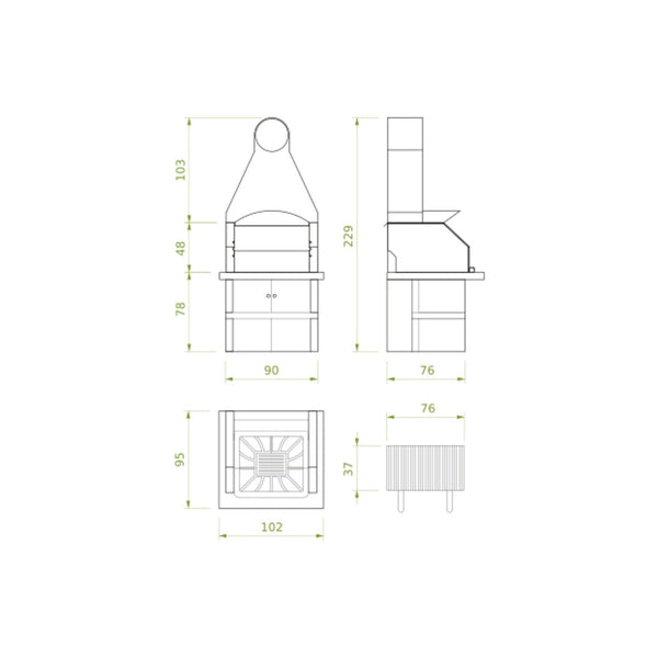 Palazzetti Maxime 2 barbecue con grill e cappa metallo antracite cassetto cenere Piano in Marmotech effetto granito grigio