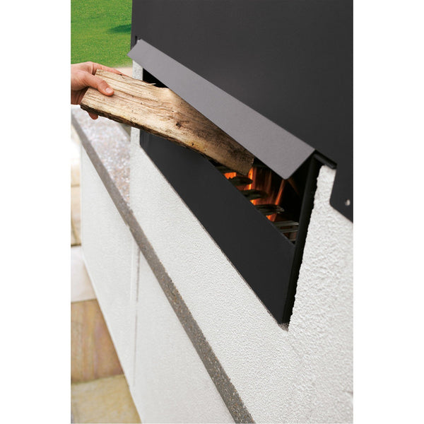 Palazzetti Maxime 2 barbecue con grill e cappa inox antracite cassetto cenere Piano in Marmotech effetto granito grigio