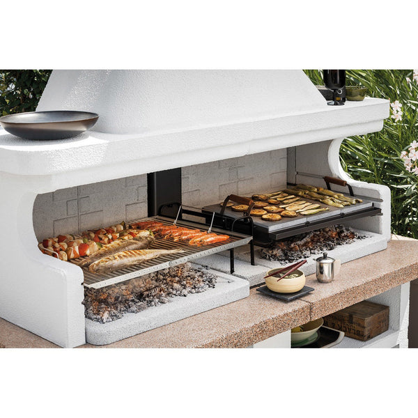 Palazzetti Miami 3 barbecue a legna grezzo doppio grill e, vista laterale che mostra profilo e dimensioni
