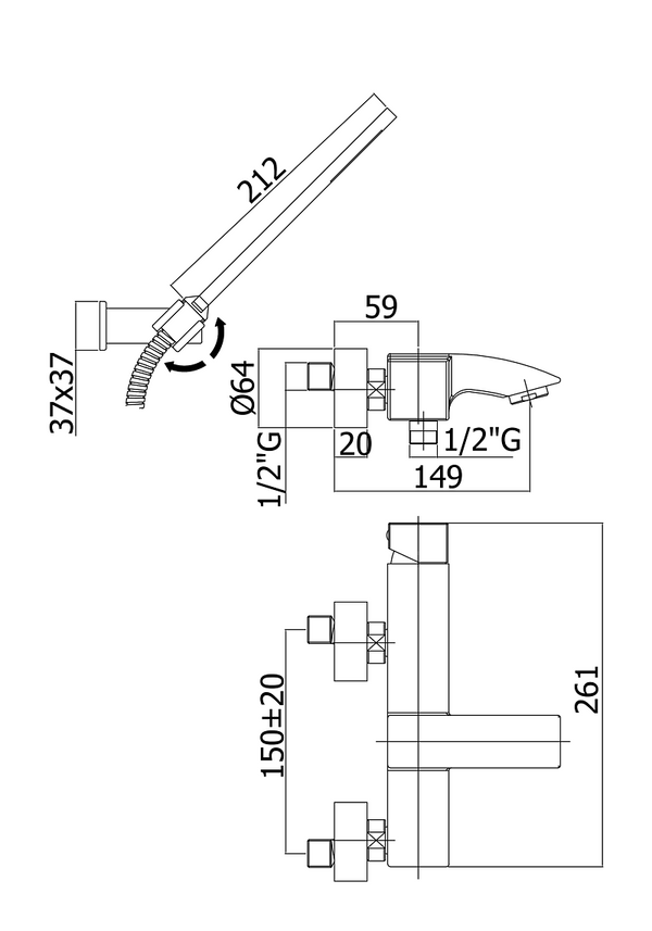 Miscelatore esterno vasca con doccetta supporto a muro snodato in abs e flessibile cromo lec023 level paffoni