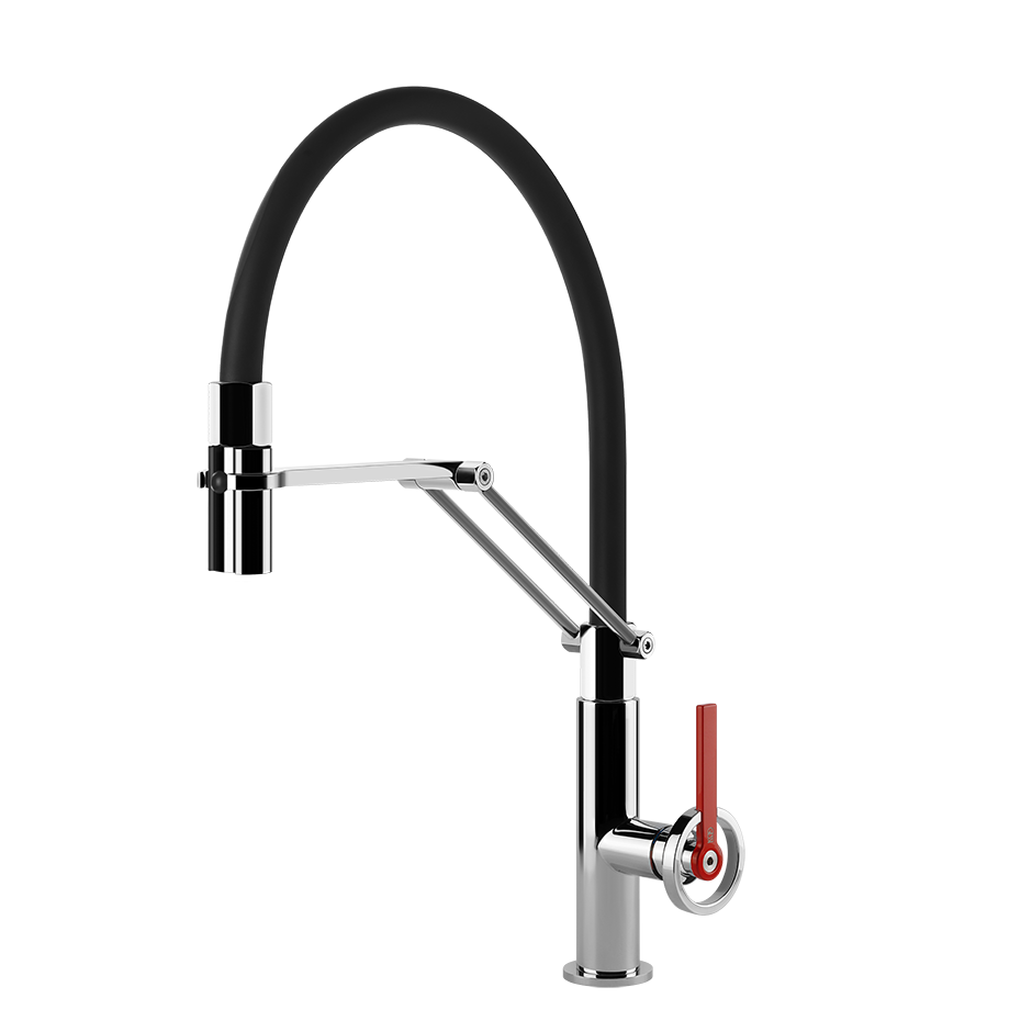 Miscelatore lavello monocomando semi professionale con canna girevole e doccetta doppio getto nero cromo officine v 60205 gessi