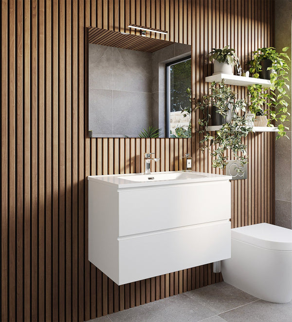 Mobile bagno 100x47 bianco lucido con lavabo specchio e lampada Atene