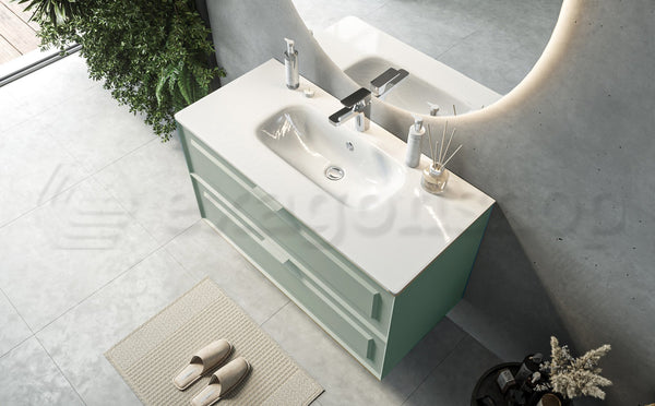 Mobile bagno salvia opaco 102x47 Dublino con lavabo in ceramica due cassetti con cornice