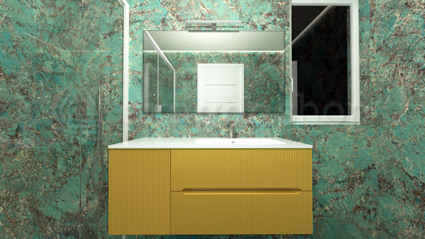 Smyle Onda Blob 115x50 Mobile bagno giallo bikini lucido con anta sinistra lavabo mineralmarmo e specchio