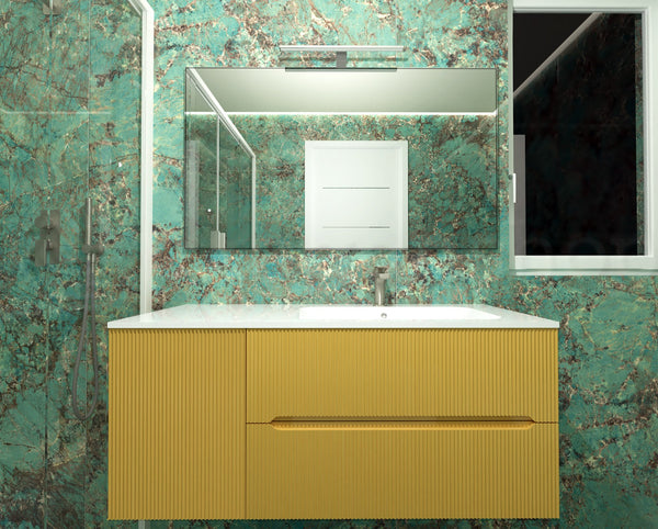 Smyle Onda Blob 115x50 Mobile bagno giallo bikini lucido con anta sinistra lavabo mineralmarmo e specchio