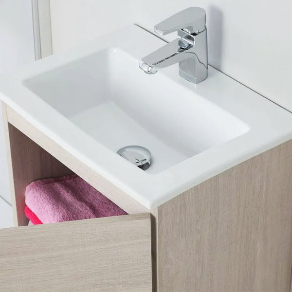 Mobile bagno 50x36 rovere chiaro lavabo in ceramica e specchio Vinci