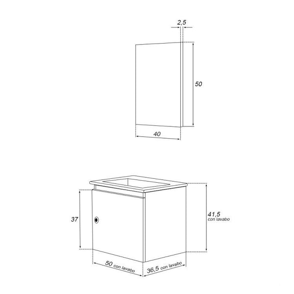 Mobile bagno 50x36 rovere chiaro lavabo in ceramica e specchio Vinci