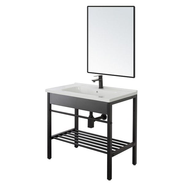 Mobile bagno nero 60x47 Borg a pavimento con lavabo struttura in metallo e specchio