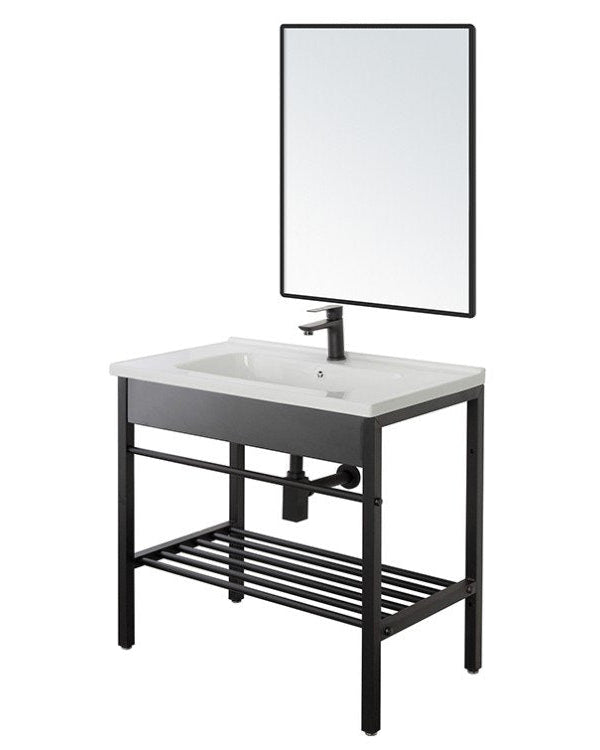 Mobile bagno 60x47 a pavimento nero con lavabo e specchio, dettaglio ravvicinato della finitura e del cassetto - Exagonshop