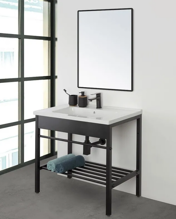 Mobile bagno 60x47 a pavimento nero con lavabo e specchio ambientato in bagno moderno con specchio e accessori - Exagonshop
