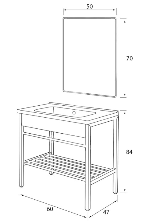 Mobile bagno nero 60x47 Borg a pavimento con lavabo struttura in metallo e specchio