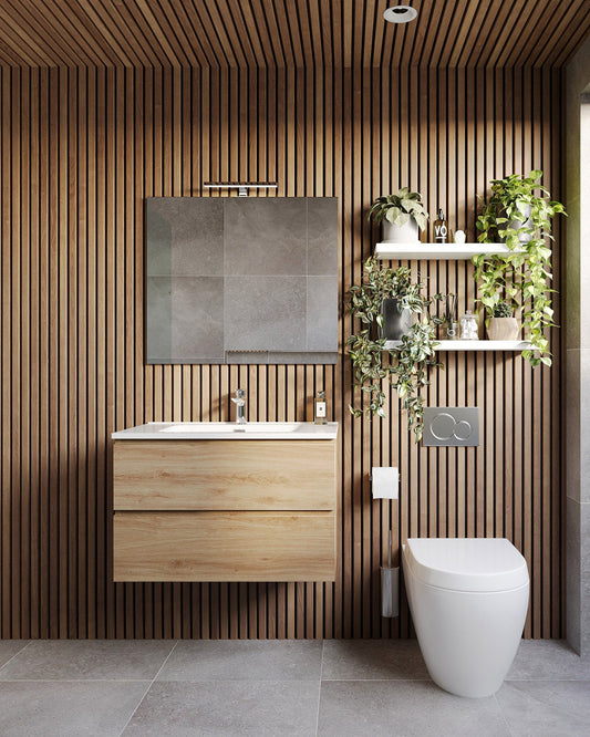 Mobile bagno 60x47 quercia con lavabo specchio e lampada Quercia Naturale ambientato in bagno moderno con specchio e...