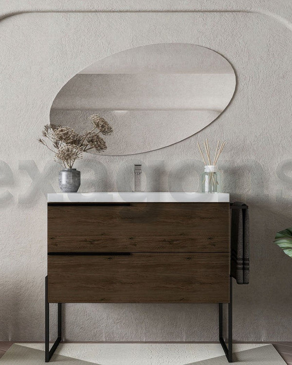Mobile bagno Olmo scuro 80x45 Venezia a pavimento con ambientato in bagno moderno con specchio e accessori - Exagonshop