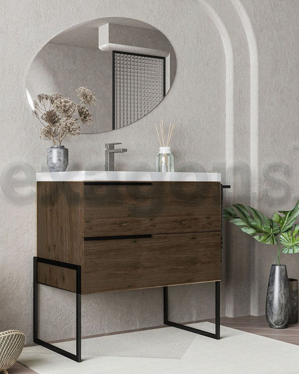Mobile bagno Olmo scuro 80x45 Venezia a pavimento con con lavabo e rubinetteria, vista frontale su sfondo neutro - Exagonshop