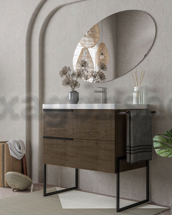 Mobile bagno Olmo scuro 80x45 Venezia a pavimento con, vista dall'alto del piano con lavabo - Exagonshop