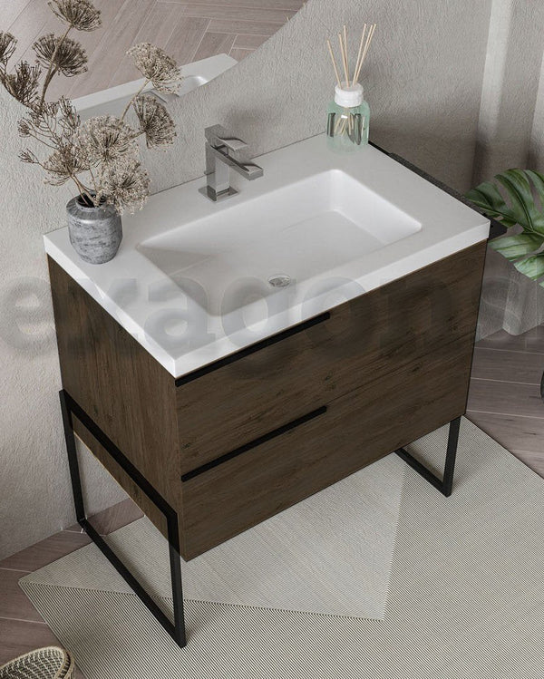 Mobile bagno Olmo scuro 80x45 Venezia a pavimento con, dettaglio ravvicinato della finitura e del cassetto - Exagonshop