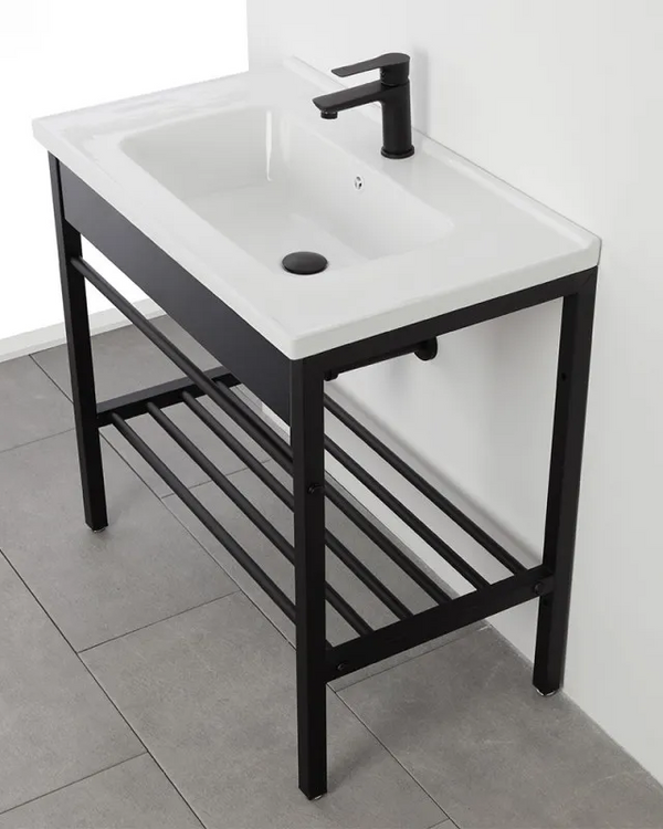 Mobile bagno nero 80x47 Borg a pavimento con lavabo e, vista dall'alto del piano con lavabo - Exagonshop