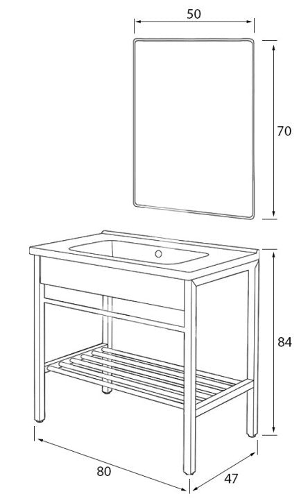 Mobile bagno nero 80x47 Borg a pavimento con lavabo struttura in metallo e specchio