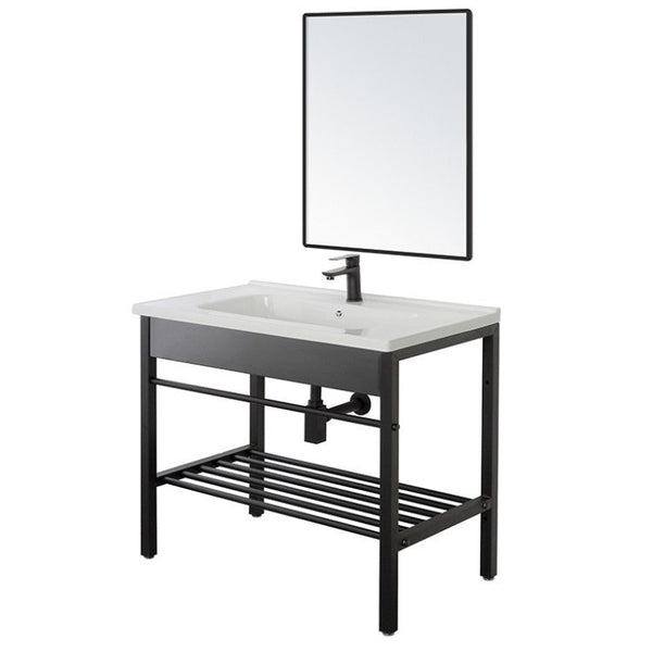 Mobile bagno nero 80x47 Borg a pavimento con lavabo struttura in metallo e specchio