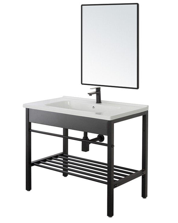 Mobile bagno nero 80x47 Borg a pavimento con lavabo e, dettaglio ravvicinato della finitura e del cassetto - Exagonshop
