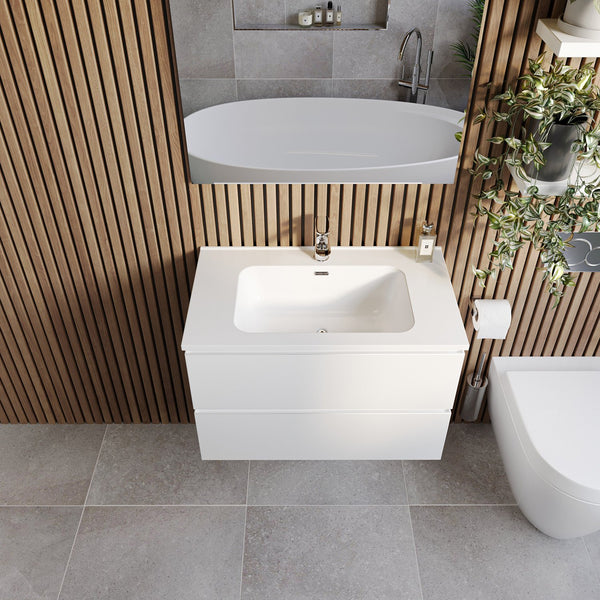Mobile bagno 80x47 bianco lucido Atene con lavabo e specchio con lampada
