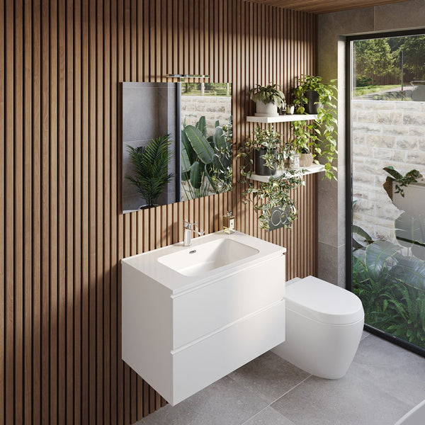 Mobile bagno 80x47 bianco lucido Atene con lavabo e specchio con lampada