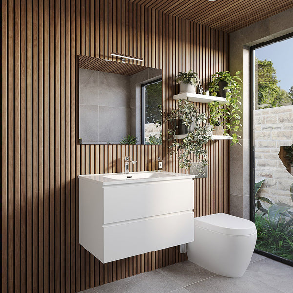 Mobile bagno 80x47 bianco lucido Atene con lavabo e specchio con lampada