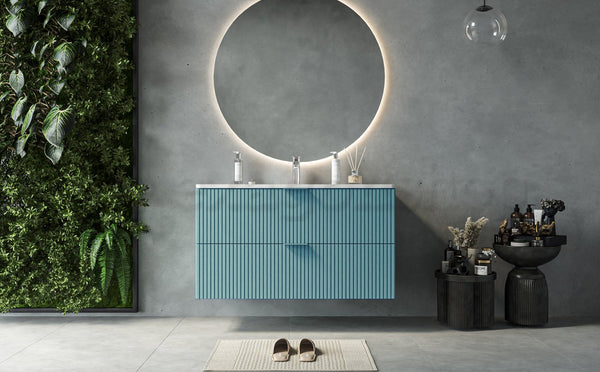 Mobile bagno 82x47 azzurro opaco cannettato Teramo con lavabo in ceramica due cassetti