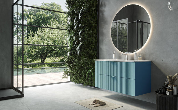 Mobile bagno 82x47 azzurro opaco cannettato Teramo con lavabo in ceramica due cassetti