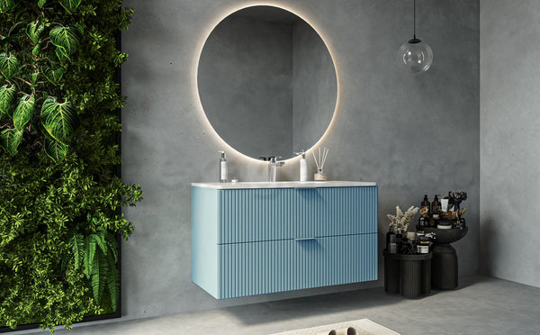 Mobile bagno 82x47 azzurro opaco cannettato Teramo con lavabo in ceramica due cassetti