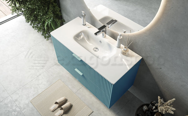 Mobile bagno 82x47 azzurro opaco cannettato Teramo con lavabo in ceramica due cassetti