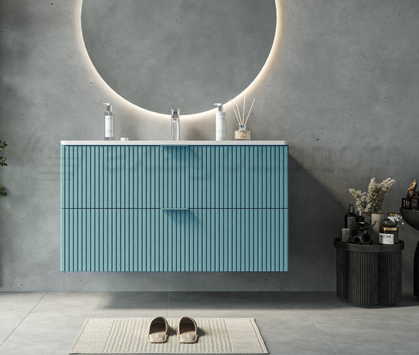 Mobile bagno 82x47 azzurro opaco cannettato Teramo con lavabo in ceramica due cassetti