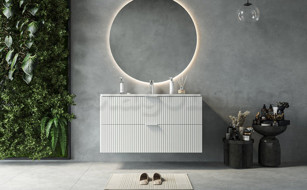 Mobile bagno bianco opaco 82x47 cannettato Teramo con lavabo in ceramica due cassetti