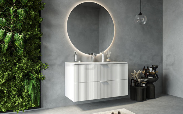 Mobile bagno bianco opaco 82x47 cannettato Teramo con lavabo in ceramica due cassetti