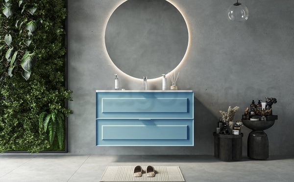 Mobile bagno azzurro opaco 82x47 Dublino con lavabo in ceramica due cassetti con cornice