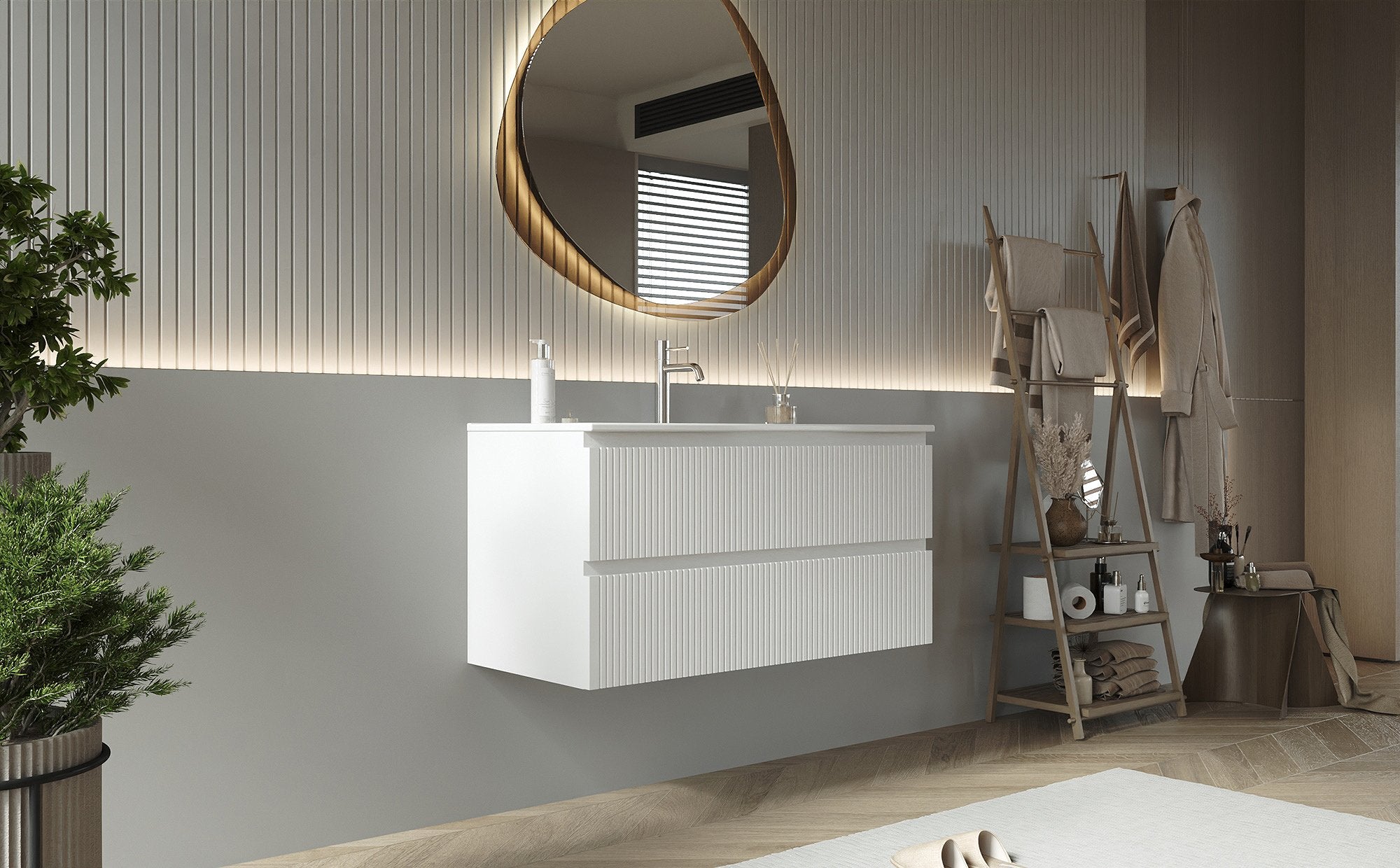Mobile bagno cannettato 100X46 bianco lavabo resina cassetti soft close Pisa