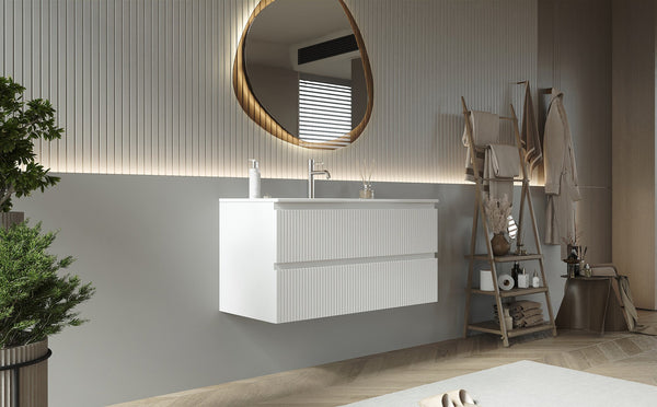 Mobile bagno sospeso 100 cm bianco opaco cannettato con lavabo Pisa