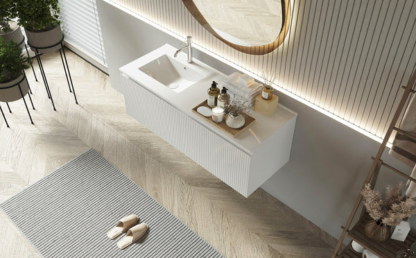 Mobile bagno cannettato 120X46 bianco lavabo resina cassetti destro sinistra Pisa