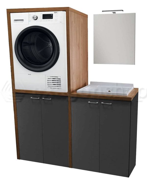 Mobile lavanderia porta lavatrice e asciugatrice con lavatoio e specchio noce grigio Adele