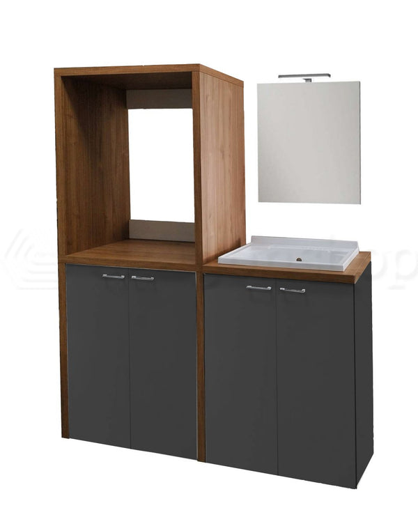Mobile lavanderia porta lavatrice e asciugatrice con lavatoio e specchio noce grigio Adele
