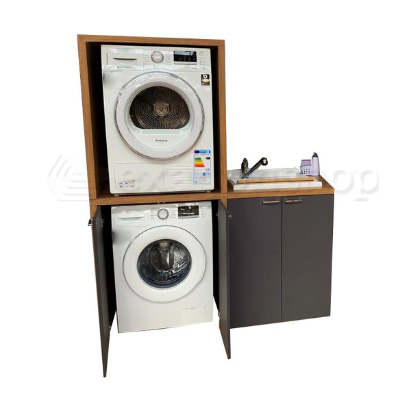 Mobile lavanderia porta lavatrice e asciugatrice con lavatoio e specchio noce grigio Adele